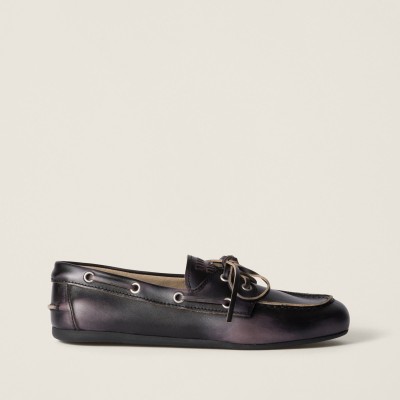 Miu Miu Bleached Leather Deck Shoes Black MM261073 Miu Miu Bleached Leather Deck Shoes Black MM261073