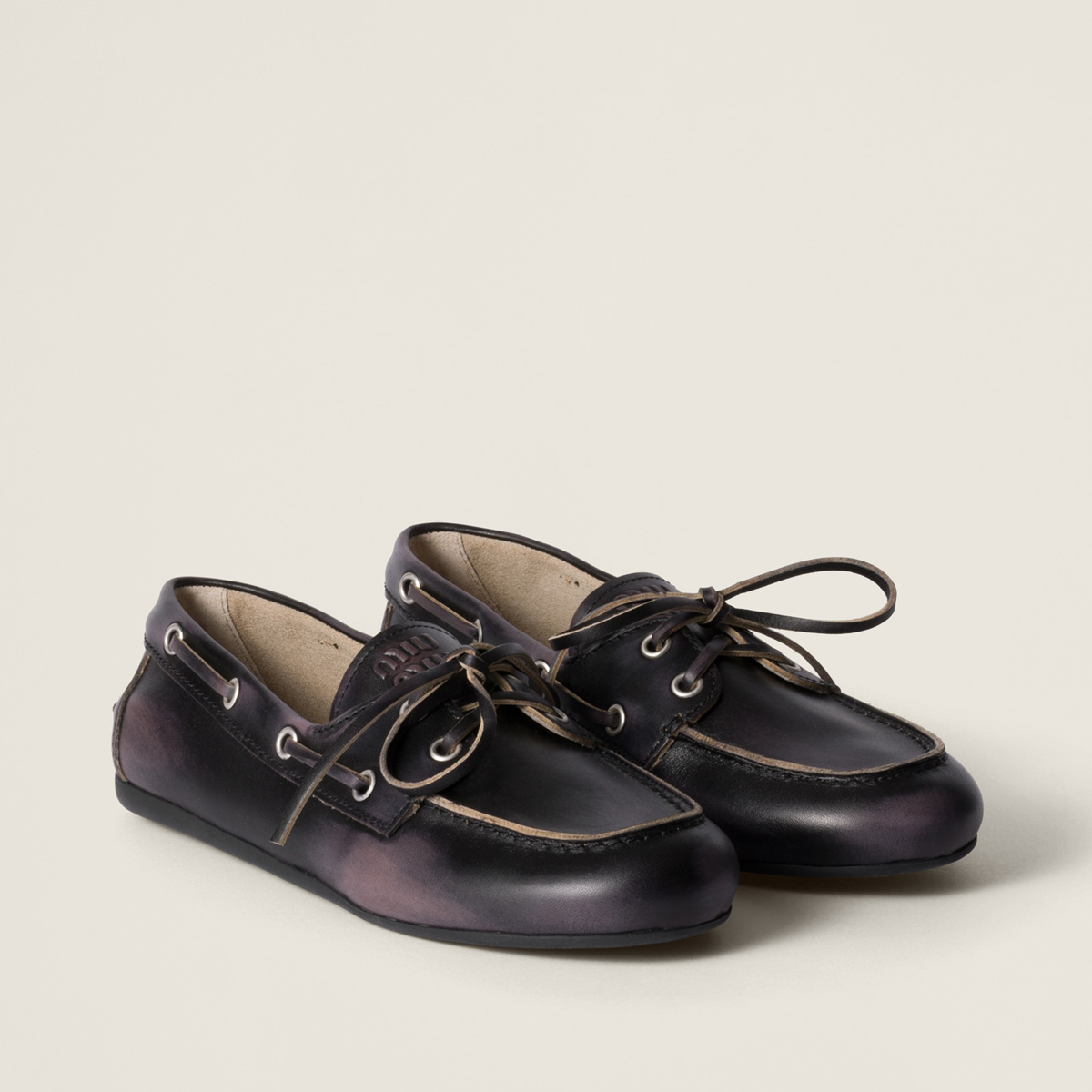 Miu Miu Bleached Leather Deck Shoes Black MM261073 Miu Miu Bleached Leather Deck Shoes Black MM261073