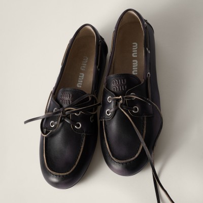 Miu Miu Bleached Leather Deck Shoes Black MM261073 Miu Miu Bleached Leather Deck Shoes Black MM261073