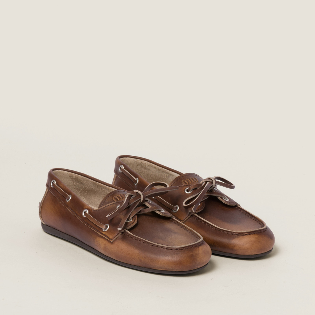 Miu Miu Bleached Leather Deck Shoes Sienna MM261074 Miu Miu Bleached Leather Deck Shoes Sienna MM261074