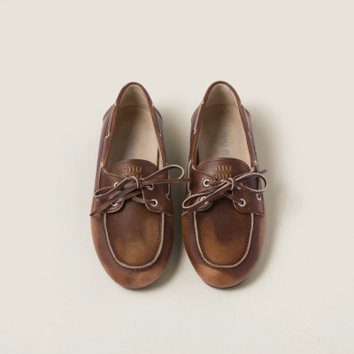 Miu Miu Bleached Leather Deck Shoes Sienna MM261074 Miu Miu Bleached Leather Deck Shoes Sienna MM261074