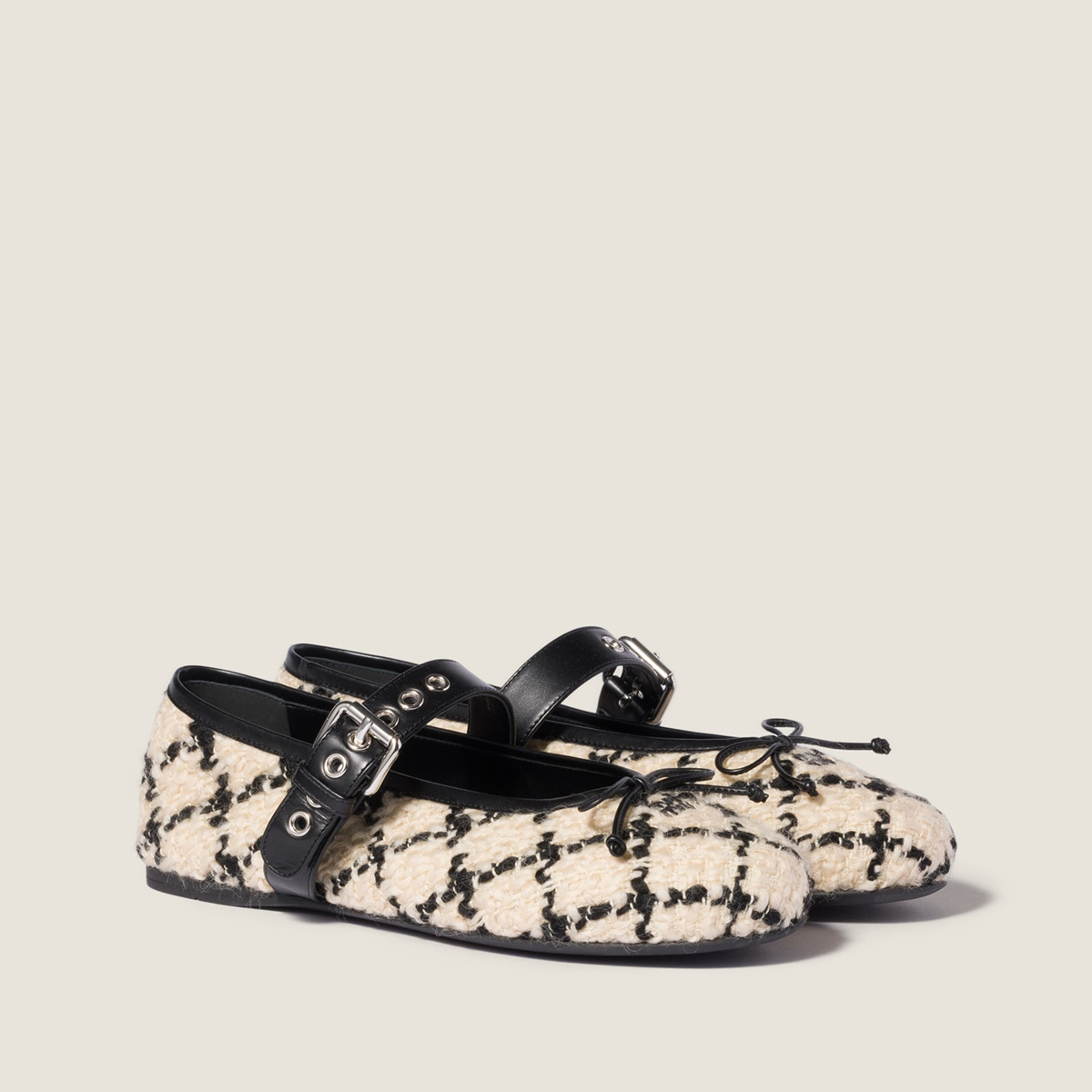 Miu Miu Boucle Check Ballerinas Ivory Black MM261009 Miu Miu Boucle Check Ballerinas Ivory Black MM261009
