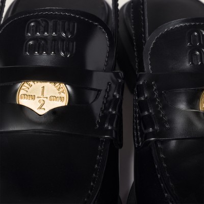 Miu Miu Brushed Leather Slingback Loafers Black MM261220