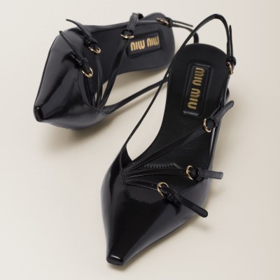 Miu Miu Brushed Leather Slingbacks With Buckles Black MM261222 Miu Miu Brushed Leather Slingbacks With Buckles Black MM261222