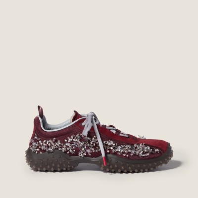 Miu Miu Bubble Embroidered Technical Fabric And Suede Sneakers Burgundy MM261363