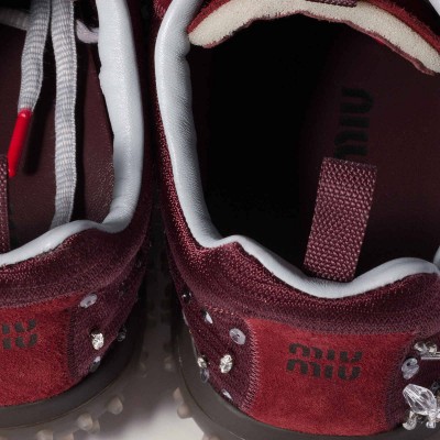 Miu Miu Bubble Embroidered Technical Fabric And Suede Sneakers Burgundy MM261363