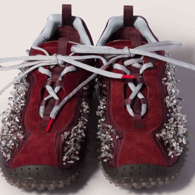 Miu Miu Bubble Embroidered Technical Fabric And Suede Sneakers Burgundy MM261363