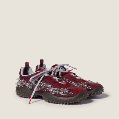 Miu Miu Bubble Embroidered Technical Fabric And Suede Sneakers Burgundy MM261363
