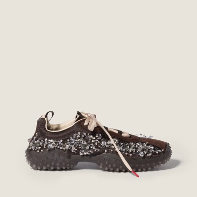 Miu Miu Bubble Embroidered Technical Fabric And Suede Sneakers Dark Brown MM261362 Miu Miu Bubble Embroidered Technical Fabric And Suede Sneakers Dark Brown MM261362