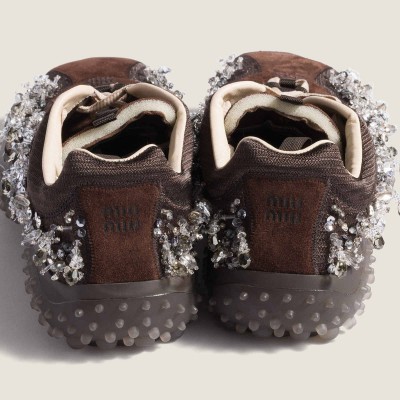Miu Miu Bubble Embroidered Technical Fabric And Suede Sneakers Dark Brown MM261362 Miu Miu Bubble Embroidered Technical Fabric And Suede Sneakers Dark Brown MM261362