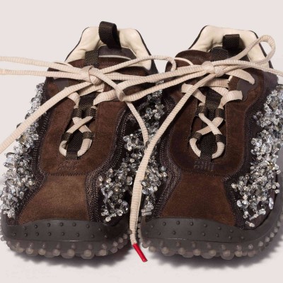 Miu Miu Bubble Embroidered Technical Fabric And Suede Sneakers Dark Brown MM261362 Miu Miu Bubble Embroidered Technical Fabric And Suede Sneakers Dark Brown MM261362