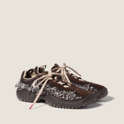 Miu Miu Bubble Embroidered Technical Fabric And Suede Sneakers Dark Brown MM261362