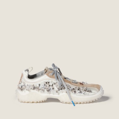 Miu Miu Bubble Embroidered Technical Fabric And Suede Sneakers Ivory MM261364