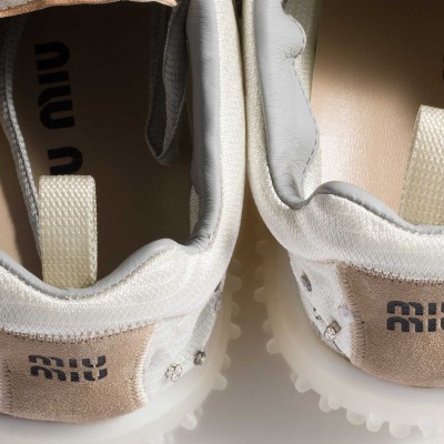 Miu Miu Bubble Embroidered Technical Fabric And Suede Sneakers Ivory MM261364