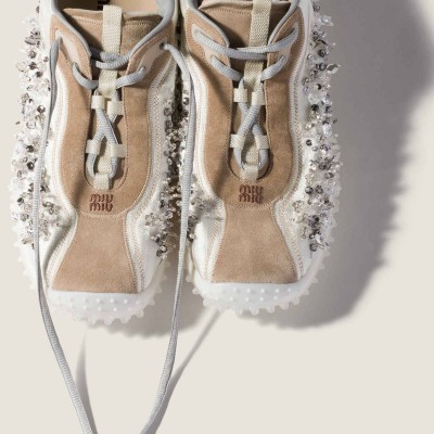 Miu Miu Bubble Embroidered Technical Fabric And Suede Sneakers Ivory MM261364