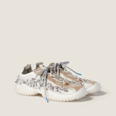 Miu Miu Bubble Embroidered Technical Fabric And Suede Sneakers Ivory MM261364