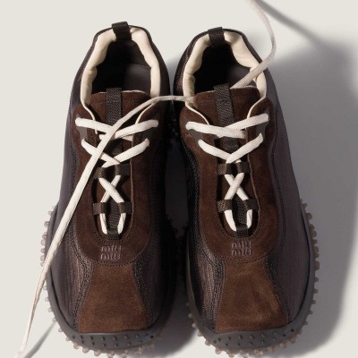 Miu Miu Bubble Technical Fabric And Suede Sneakers Dark Brown MM261358