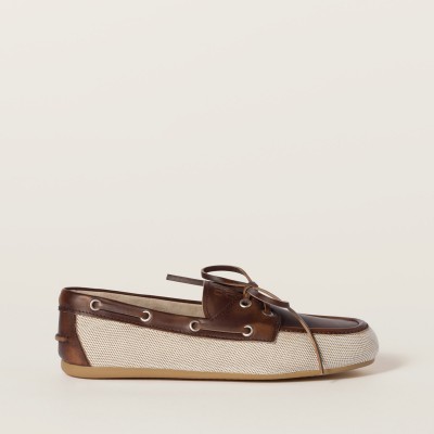 Miu Miu Canvas And Bleached Leather Deck Shoes Beige Brown MM261075 Miu Miu Canvas And Bleached Leather Deck Shoes Beige Brown MM261075