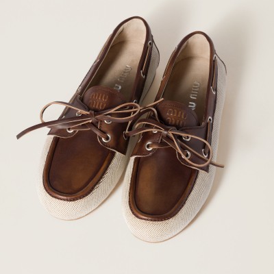 Miu Miu Canvas And Bleached Leather Deck Shoes Beige Brown MM261075 Miu Miu Canvas And Bleached Leather Deck Shoes Beige Brown MM261075