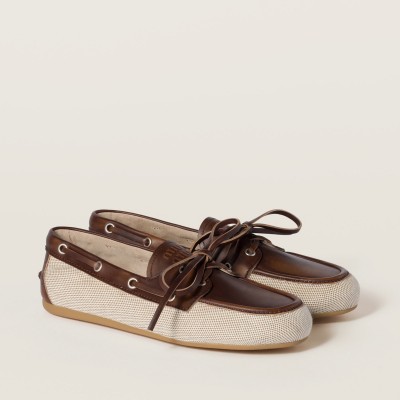 Miu Miu Canvas And Bleached Leather Deck Shoes Beige Brown MM261075 Miu Miu Canvas And Bleached Leather Deck Shoes Beige Brown MM261075