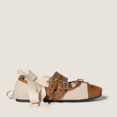 Miu Miu Canvas And Leather Ballerinas Beige Tobacco MM261052