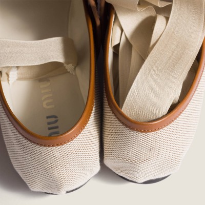 Miu Miu Canvas And Leather Ballerinas Beige Tobacco MM261052
