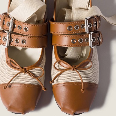 Miu Miu Canvas And Leather Ballerinas Beige Tobacco MM261052