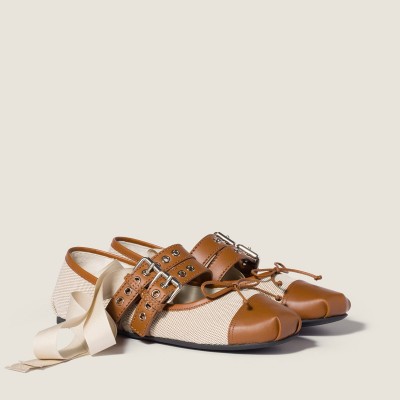 Miu Miu Canvas And Leather Ballerinas Beige Tobacco MM261052 Miu Miu Canvas And Leather Ballerinas Beige Tobacco MM261052