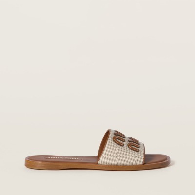 Miu Miu Canvas And Leather Slides Beige Brandy MM261203 Miu Miu Canvas And Leather Slides Beige Brandy MM261203