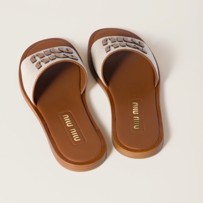 Miu Miu Canvas And Leather Slides Beige Brandy MM261203 Miu Miu Canvas And Leather Slides Beige Brandy MM261203
