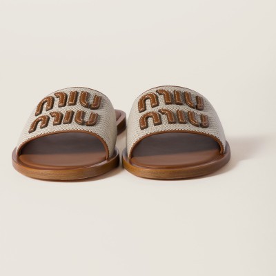 Miu Miu Canvas And Leather Slides Beige Brandy MM261203 Miu Miu Canvas And Leather Slides Beige Brandy MM261203
