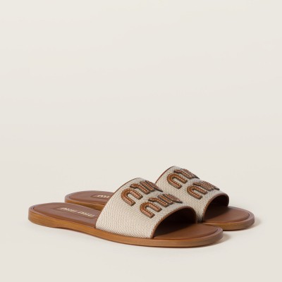 Miu Miu Canvas And Leather Slides Beige Brandy MM261203 Miu Miu Canvas And Leather Slides Beige Brandy MM261203