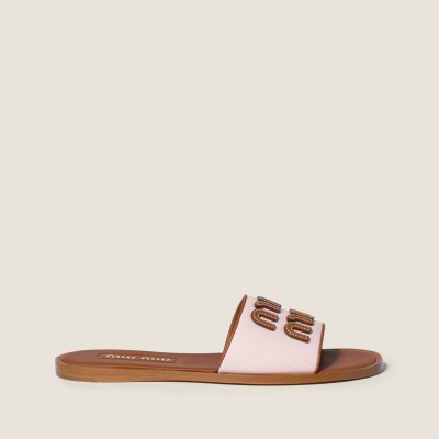 Miu Miu Canvas And Leather Slides Peach Brandy MM261204 Miu Miu Canvas And Leather Slides Peach Brandy MM261204