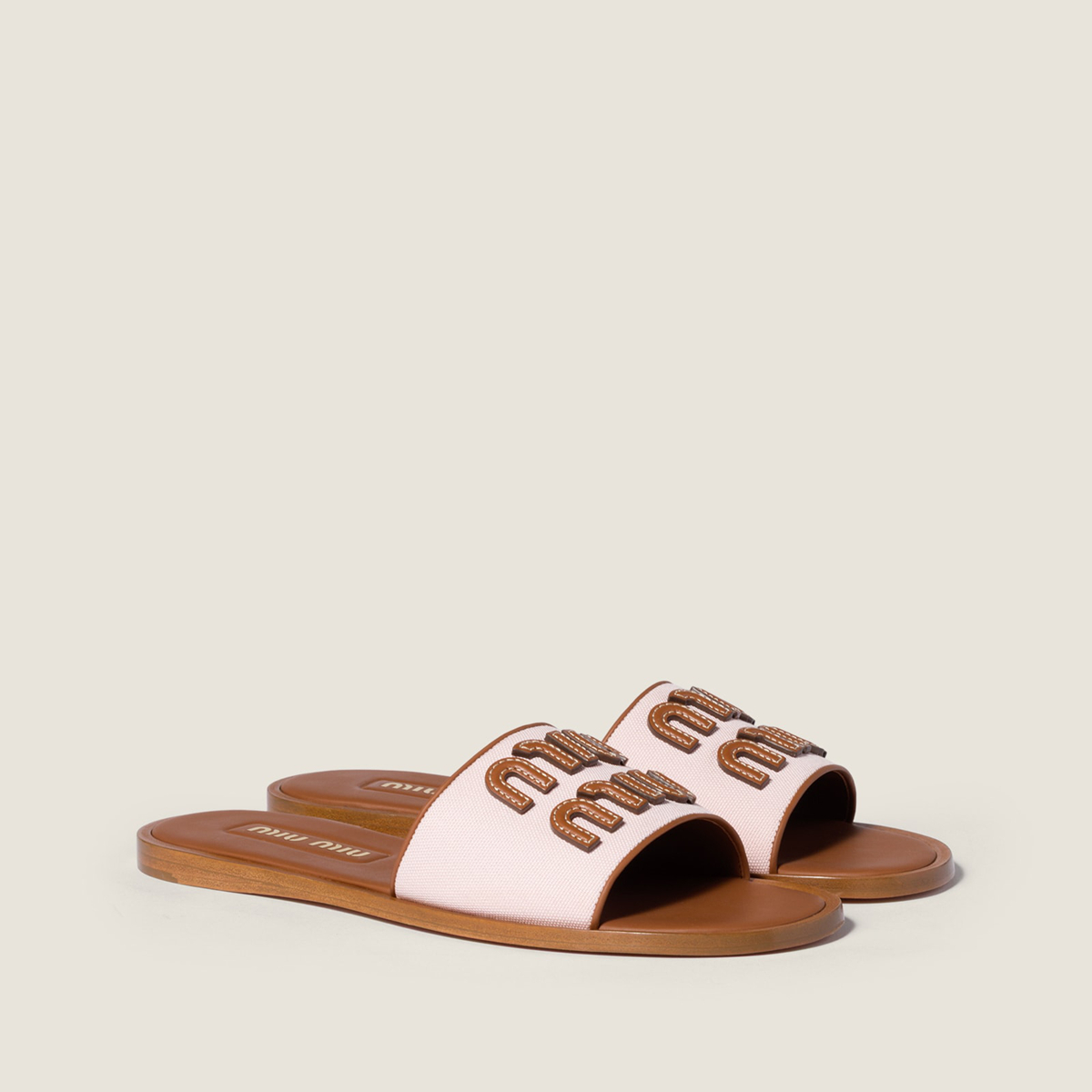 Miu Miu Canvas And Leather Slides Peach Brandy MM261204 Miu Miu Canvas And Leather Slides Peach Brandy MM261204