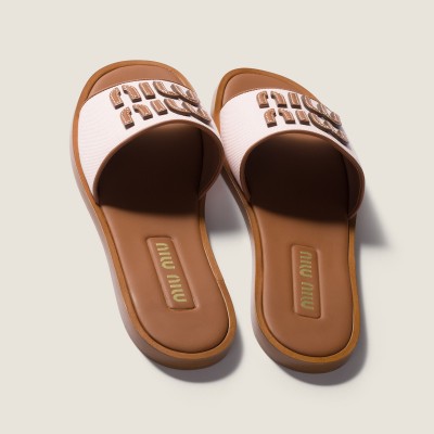 Miu Miu Canvas And Leather Slides Peach Brandy MM261204 Miu Miu Canvas And Leather Slides Peach Brandy MM261204