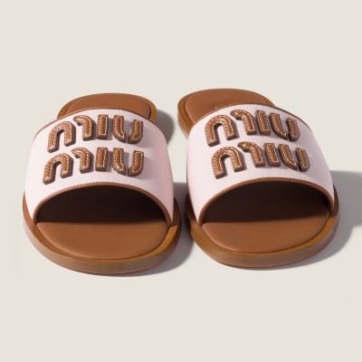 Miu Miu Canvas And Leather Slides Peach Brandy MM261204 Miu Miu Canvas And Leather Slides Peach Brandy MM261204