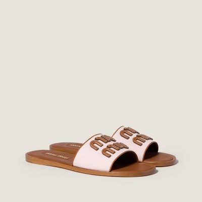 Miu Miu Canvas And Leather Slides Peach Brandy MM261204 Miu Miu Canvas And Leather Slides Peach Brandy MM261204