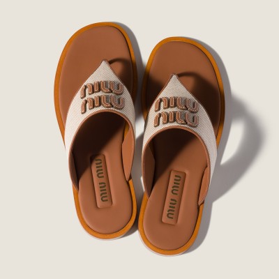 Miu Miu Canvas And Leather Thong Sandals Beige Brandy MM261163