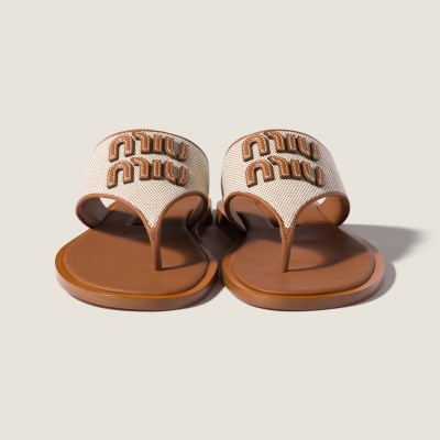 Miu Miu Canvas And Leather Thong Sandals Beige Brandy MM261163