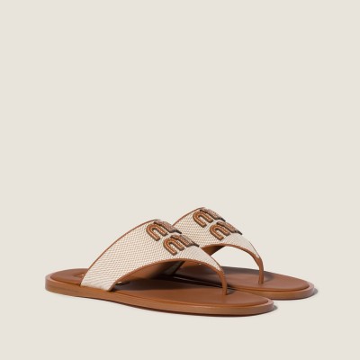 Miu Miu Canvas And Leather Thong Sandals Beige Brandy MM261163 Miu Miu Canvas And Leather Thong Sandals Beige Brandy MM261163