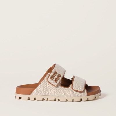 Miu Miu Canvas Slides Beige Brandy MM261205 Miu Miu Canvas Slides Beige Brandy MM261205