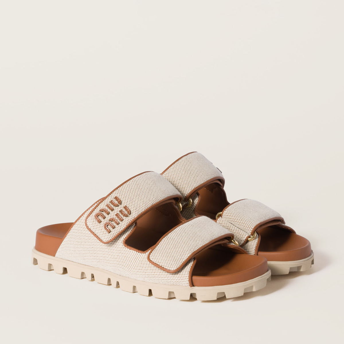 Miu Miu Canvas Slides Beige Brandy MM261205 Miu Miu Canvas Slides Beige Brandy MM261205