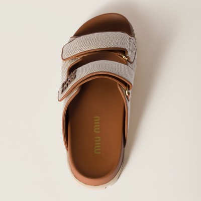 Miu Miu Canvas Slides Beige Brandy MM261205 Miu Miu Canvas Slides Beige Brandy MM261205