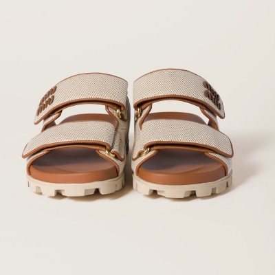 Miu Miu Canvas Slides Beige Brandy MM261205 Miu Miu Canvas Slides Beige Brandy MM261205