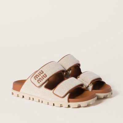 Miu Miu Canvas Slides Beige Brandy MM261205 Miu Miu Canvas Slides Beige Brandy MM261205