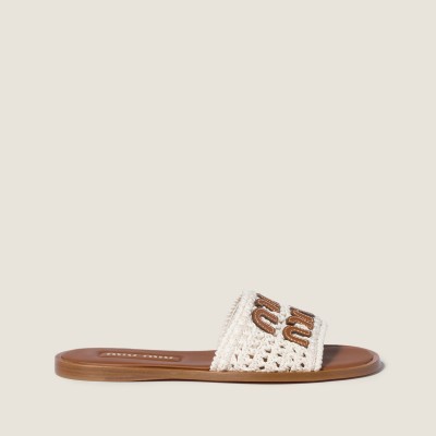 Miu Miu Crochet And Leather Slides Ivory MM261206 Miu Miu Crochet And Leather Slides Ivory MM261206