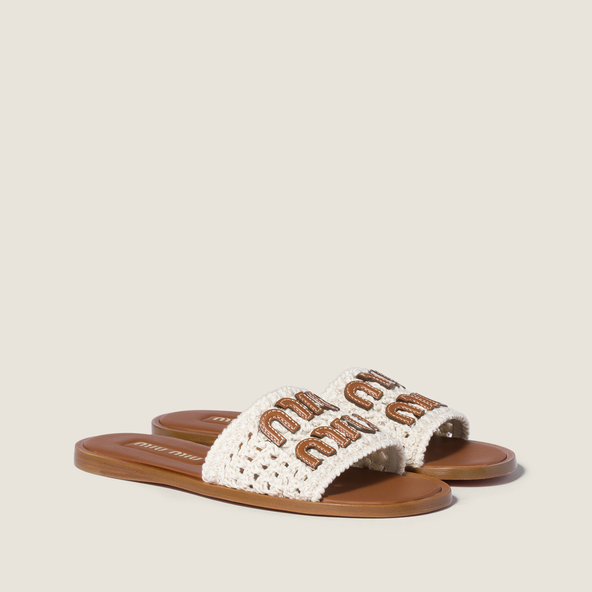 Miu Miu Crochet And Leather Slides Ivory MM261206 Miu Miu Crochet And Leather Slides Ivory MM261206