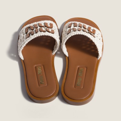 Miu Miu Crochet And Leather Slides Ivory MM261206 Miu Miu Crochet And Leather Slides Ivory MM261206