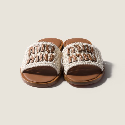 Miu Miu Crochet And Leather Slides Ivory MM261206 Miu Miu Crochet And Leather Slides Ivory MM261206