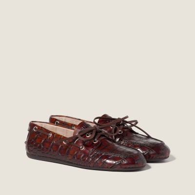 Miu Miu Crocodile Embossed Calfskin Deck Shoes Sienna MM261314 Miu Miu Crocodile Embossed Calfskin Deck Shoes Sienna MM261314